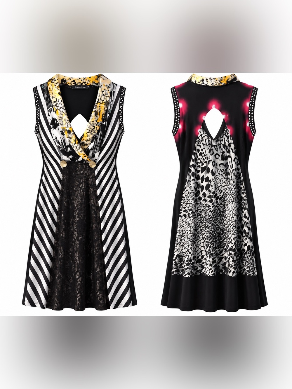 Striped Black and White Dress with Gold Accents
